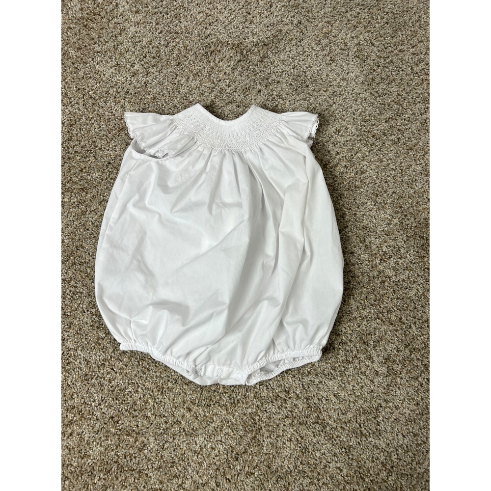 Baby Sen by Remember Nguyen White Smocked Flutter Sleeve Bubble Romper 24M